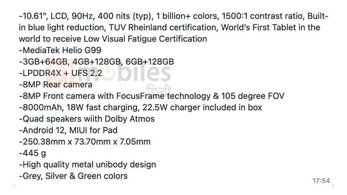 Redmi Pad 4G Specs Details