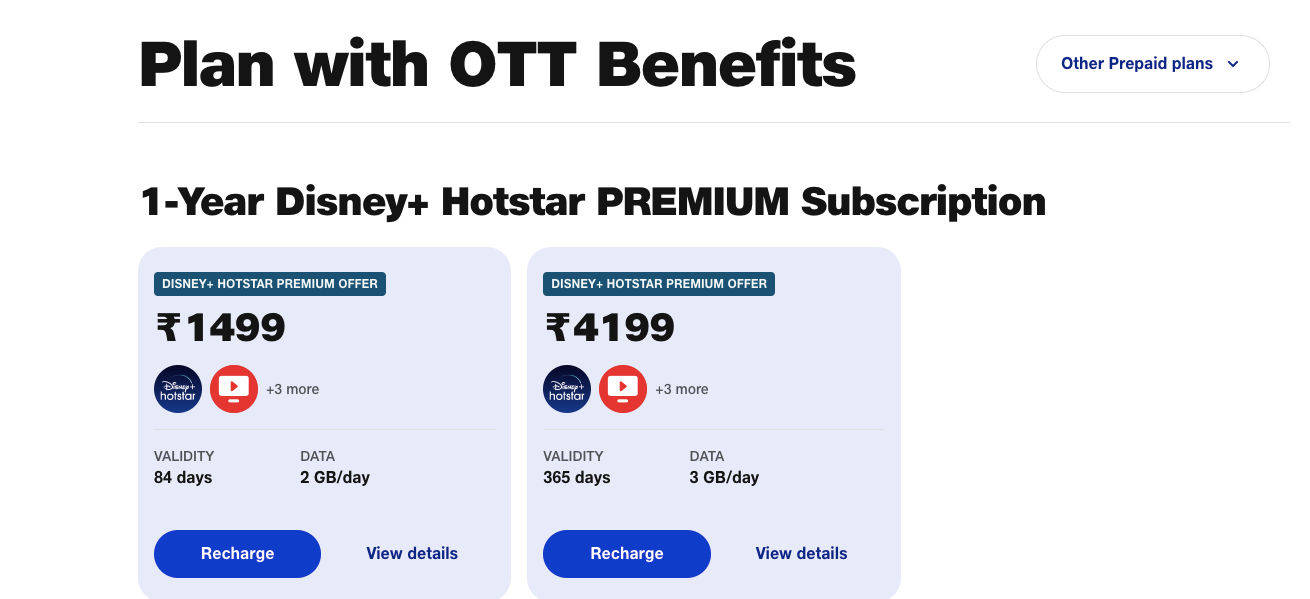 Jio discontinued 12 prepaid plan which offer disney plus hotstar mobile subscription