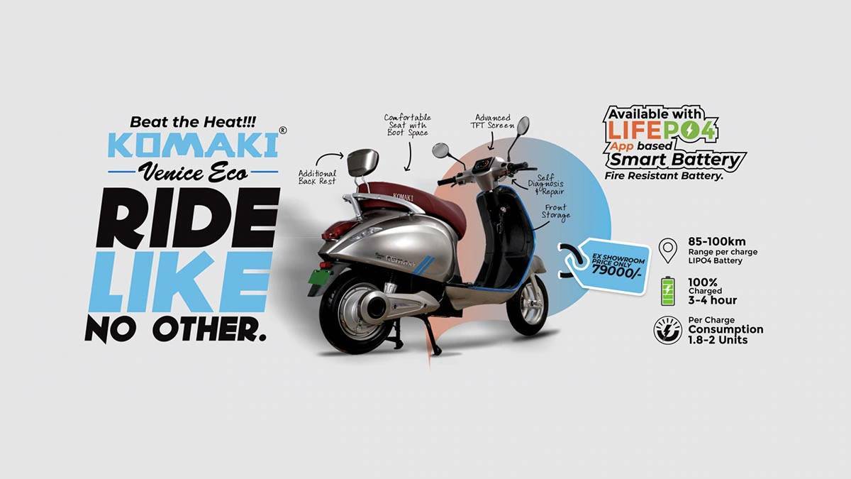 100KM Range Electric Scooter Komaki Venice Eco Launch With Fire Resistant Technology Price Sale