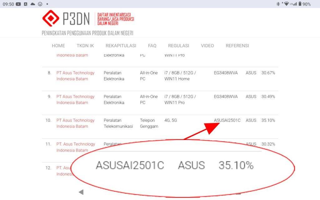 Sertifikasi Asus ROG Phone 9 pada situs TKDN.