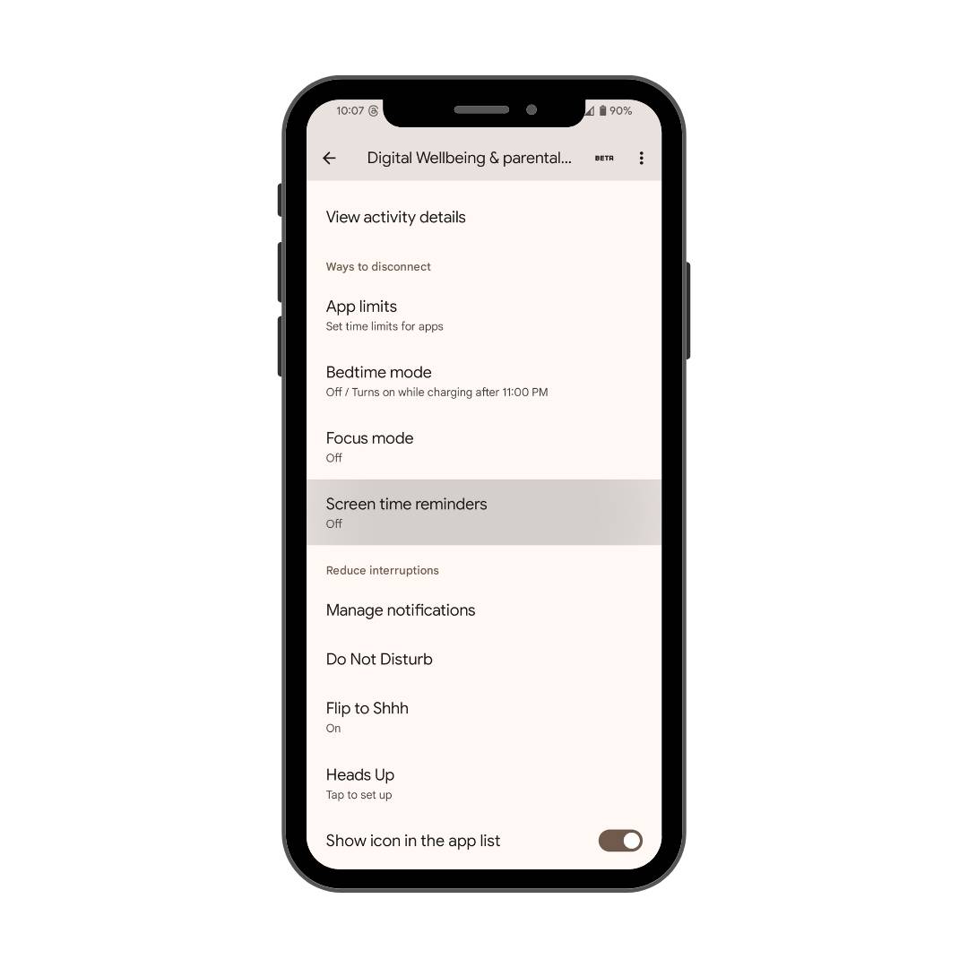 Membuka menu Screen Time Reminders pada menu pengaturan.