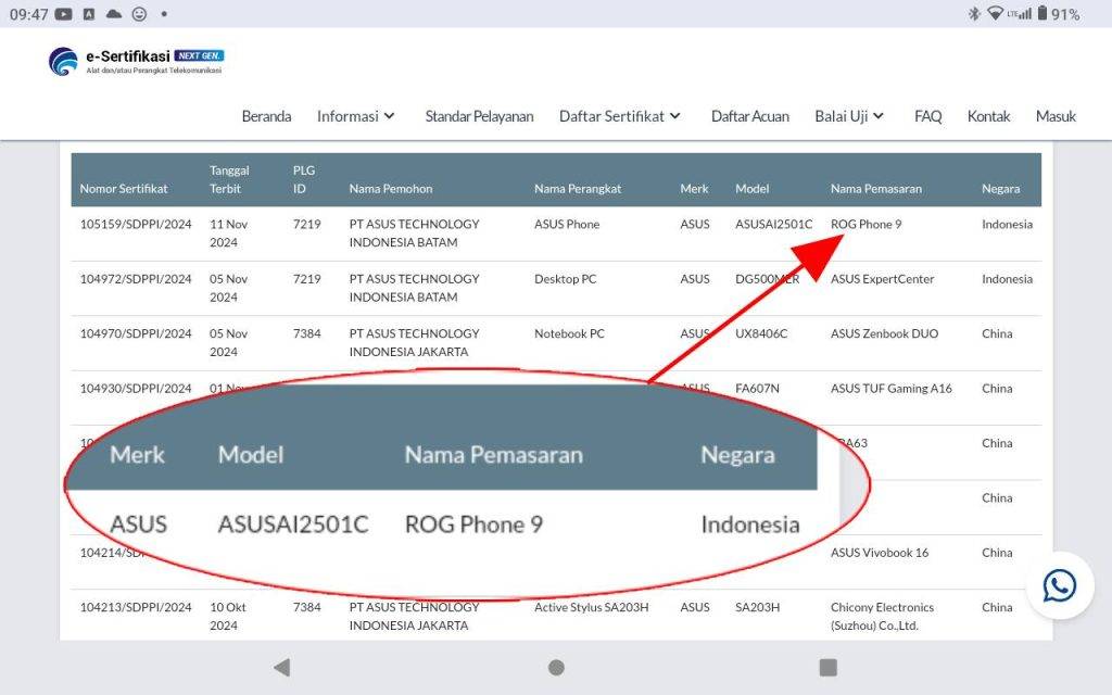 Sertifikasi SDPPI Postel Asus ROG Phone 9