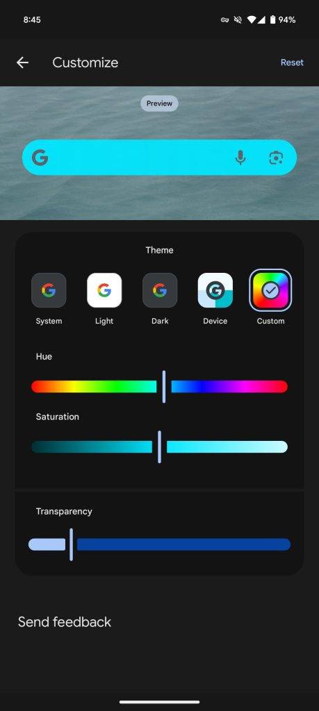 google search widget custom theme