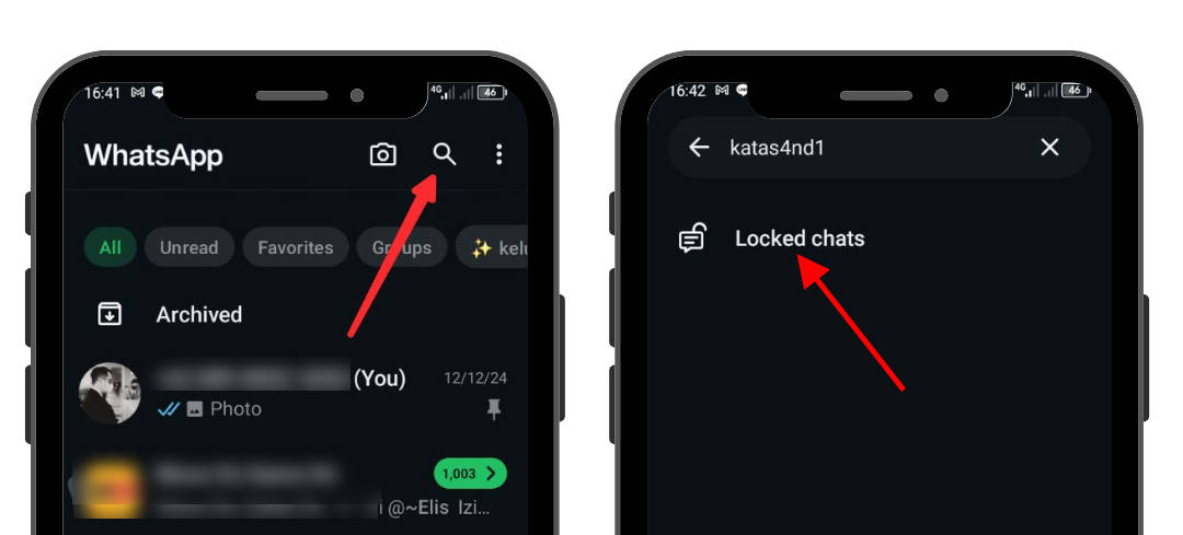 Ketuk simbol pencarian, ketik kode rahasia, lalu ketuk menu "Locked chats".