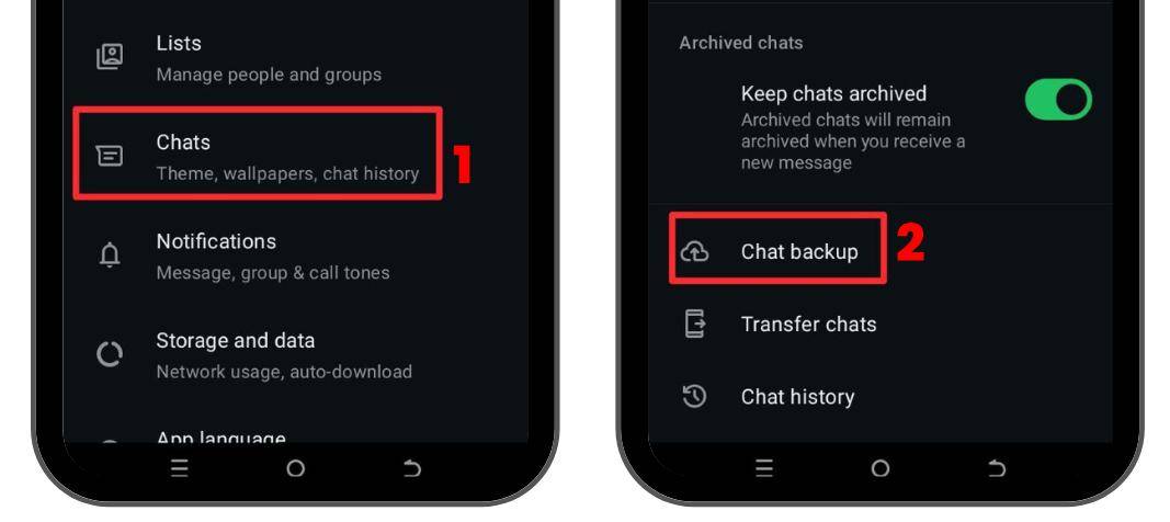 Tangkapan layar yang menunjukkan navigasi backup WhatsApp di HP Android. Pilih Chats, lalu pilih Chat Backup.