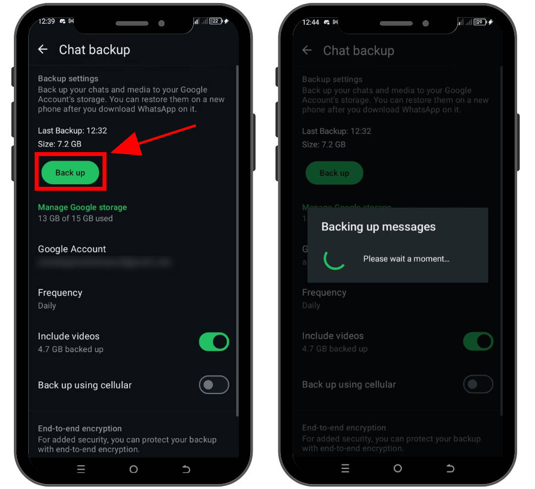 Tangkapan layar setelan WhatsApp, navigasi untuk melakukan backup chat. 