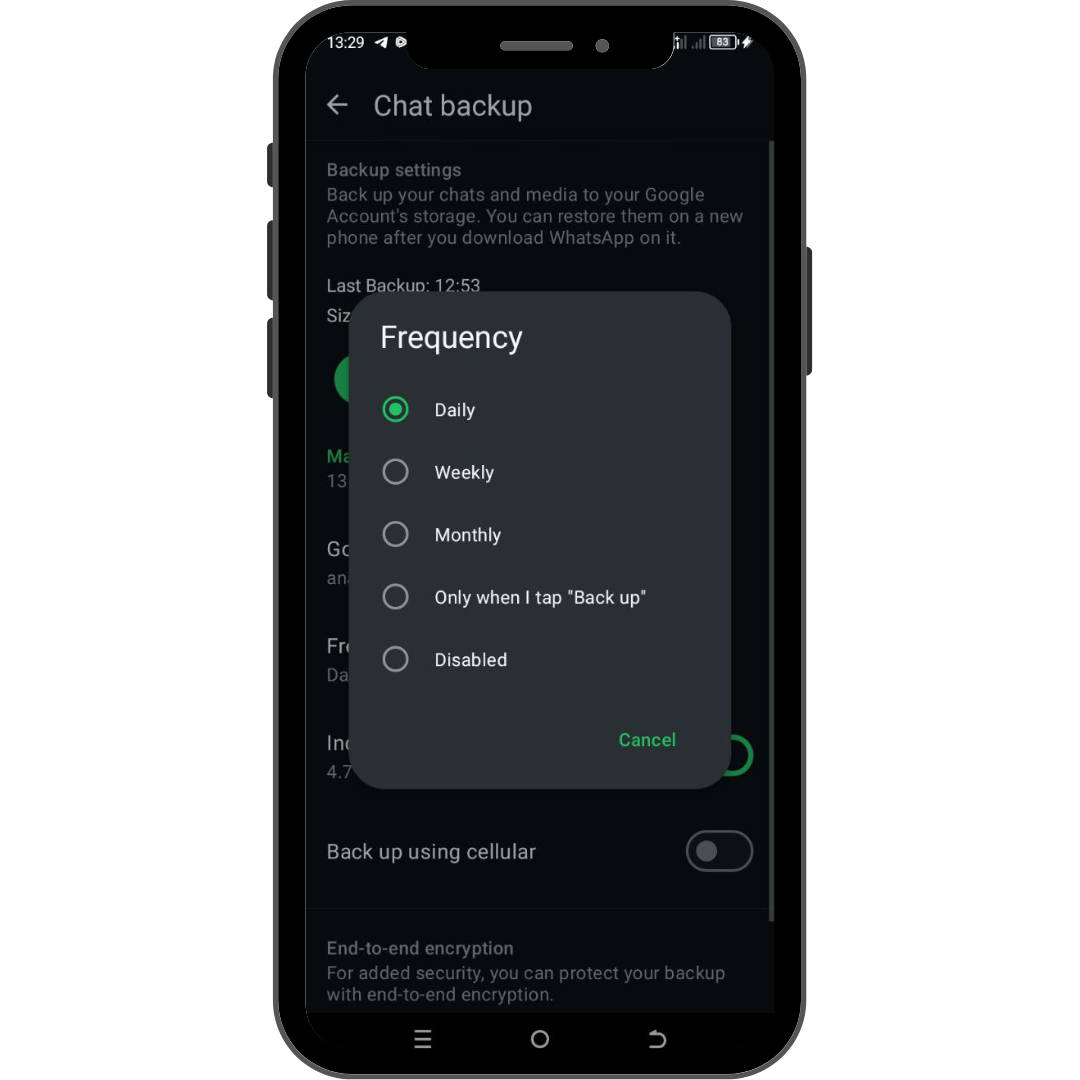 Tangkapan layar yang menunjukkan masa periode penjadwalan backup chat di WhatsApp, ada harian, mingguan, dan bulanan.