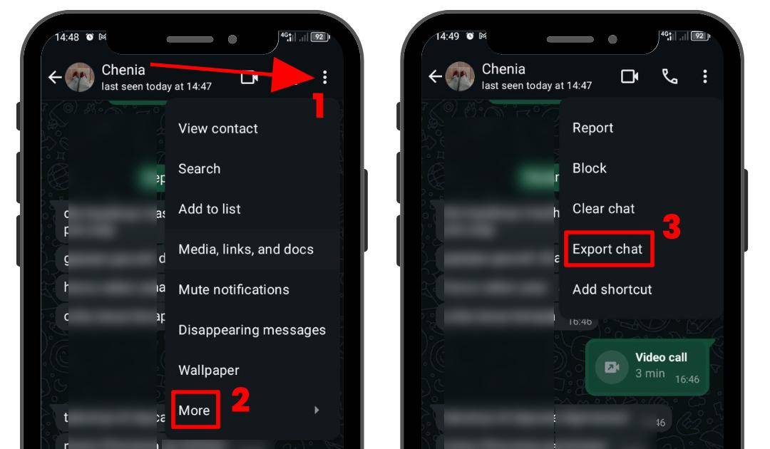 Tangkapan layar yang menunjukkan navigasi untuk mengakses fitur Export Chat di WhatsApp.