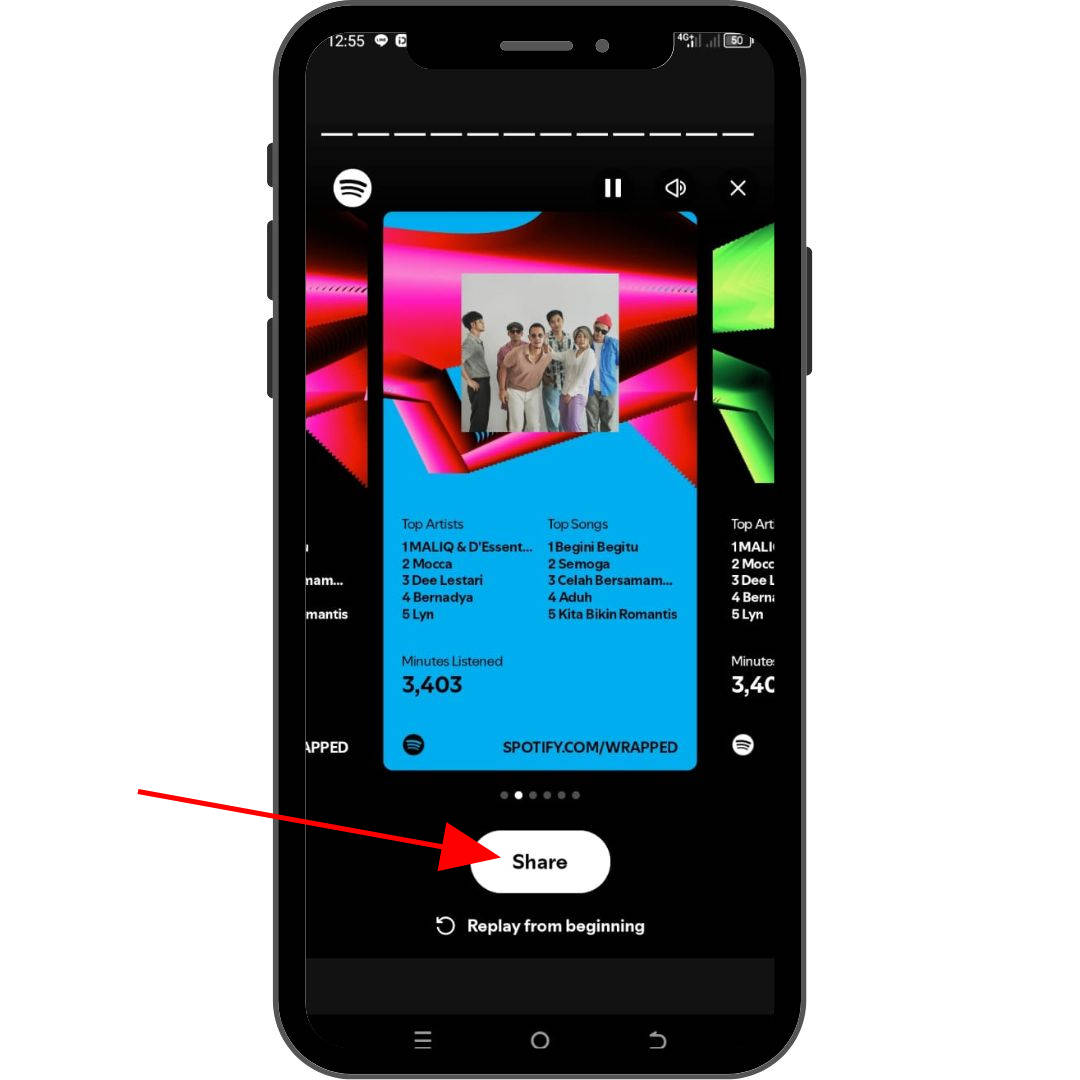 Membagikan statistik Spotify Wrapped 2024 ke media sosial.