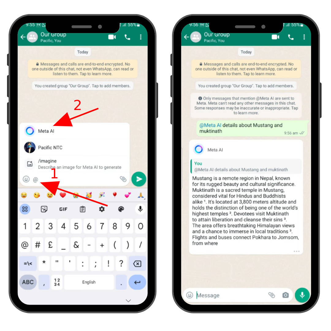 Ketik "@", pilih opsi Meta AI, lalu kirimkan pertanyaan atau perintah. Sumber: TechUnow