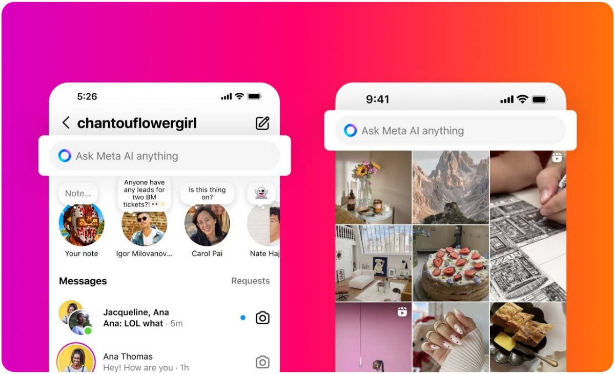Lokasi fitur Meta AI di Instagram terletak di fitur DM, di atas Notes. Fitur ini juga bisa diakses lewat tab Explore. Sumber gambar: Plannthat.com