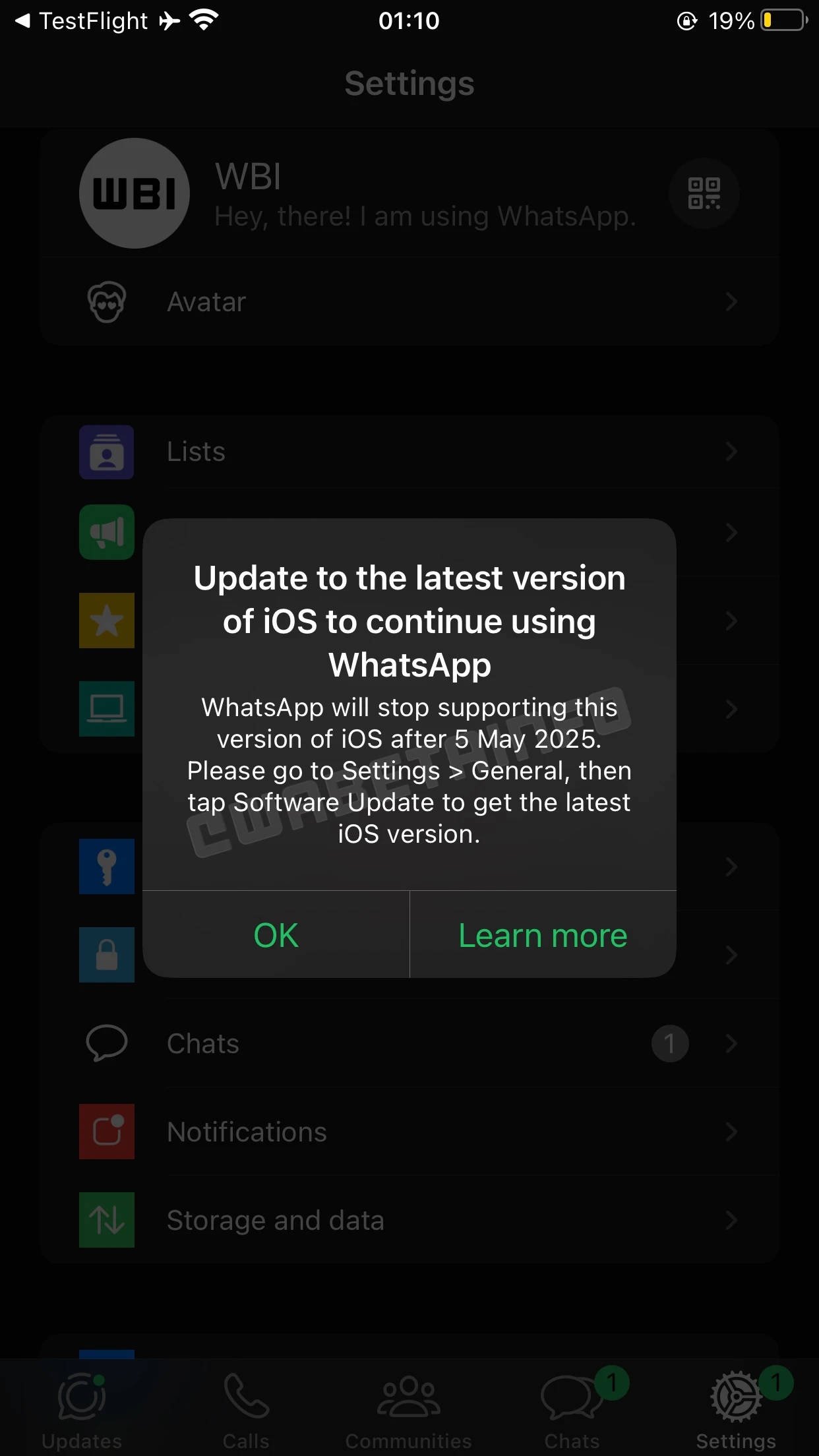 WhatsApp akan menampilkan pesan peringatan pemberhentian dukungan pada iPhone model lawas. Sumber: WABetaInfo.