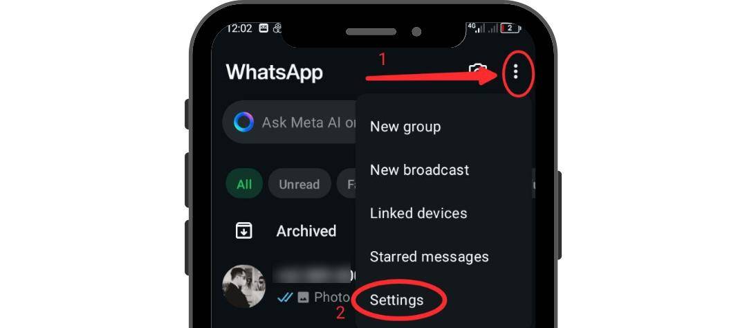 Tampilan screenshot membackup chat Whatsapp, pilih titik tiga lalu ketuk tulisan Settings.