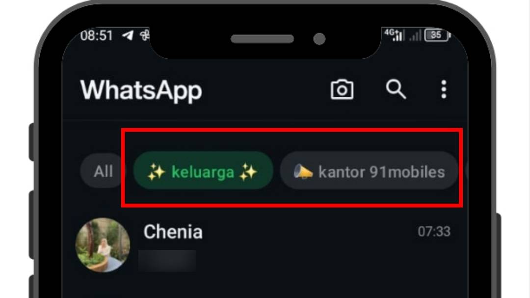 Kini List "keluarga" dan "kantor" terletak paling kiri.