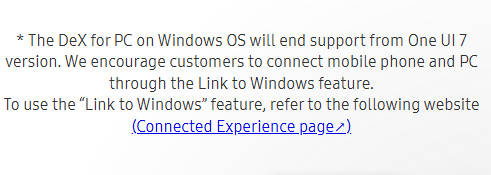 one ui 7 no support for dex for windows pc