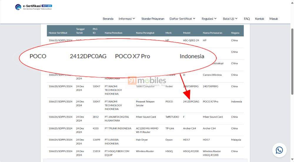 Poco X7 Pro tayang di laman sertifikasi SDPPI Postel pada 24 Desember 2024.