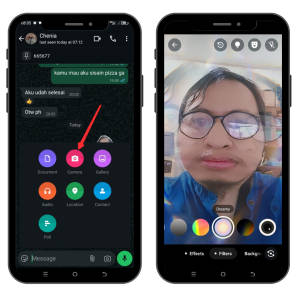 Efek kamera sekarang bisa diterapkan saat mengirim foto/video via chat, tidak hanya pada saat video call.