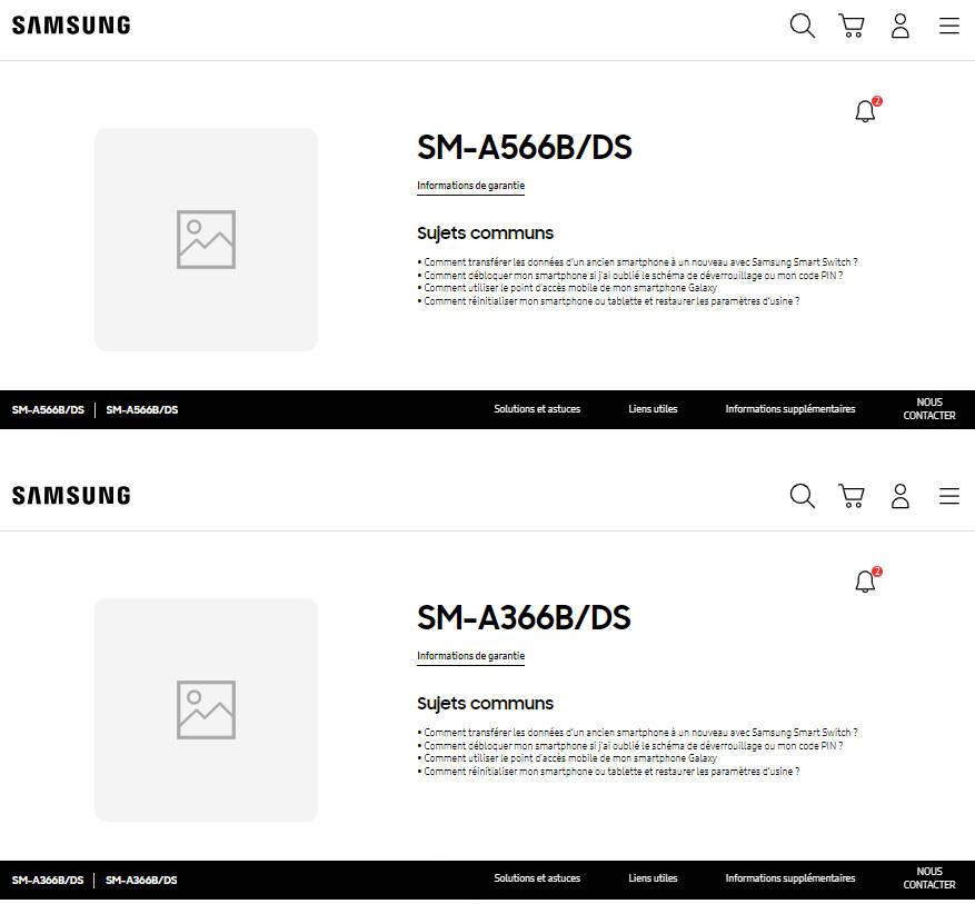Halaman support Galaxy A56 (atas) dan Galaxy A36 (bawah).