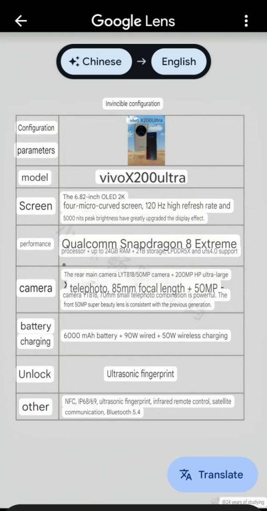 Bocoran spesifikasi Vivo X200 Ultra, diterjemahkan via Google Lens. Sumber: Sumber: Johnny Manuel di X/Twitter.