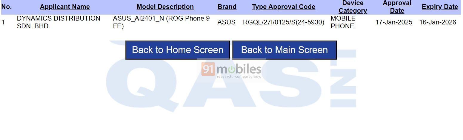 Sertifikasi Asus ROG Phone 9 FE pada database SIRIM (Malaysia).