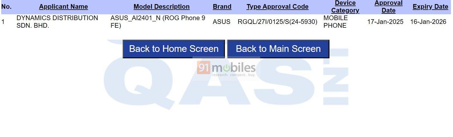 Sertifikasi Asus ROG Phone 9 FE pada database SIRIM (Malaysia).