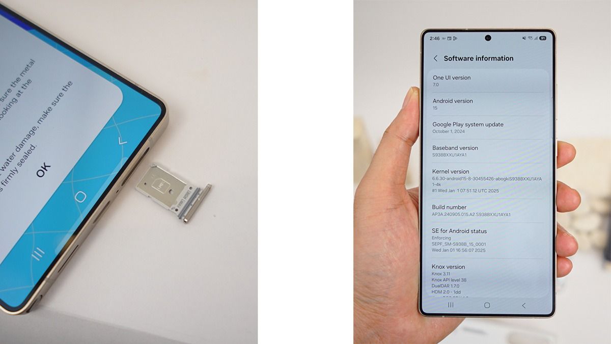 Tampilan bawah memiliki laci kartu SIM (kiri), laman informasi software Galaxy S25 Ultra (kanan).