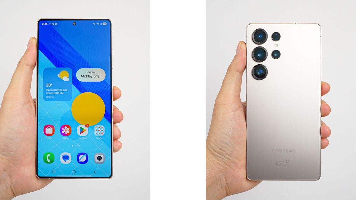 Tampilan depan dan belakang Galaxy S25 Ultra.