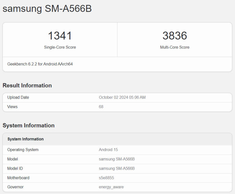 Hasil benchmark Geekbench 6 pada Galaxy A56. Sumber: Geekbench via Gizmochina.
