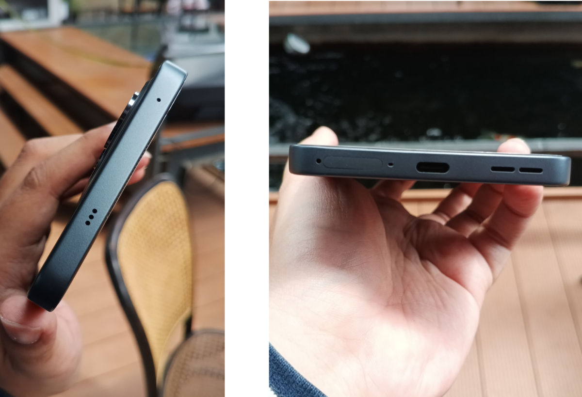 Tampilan Oppo Reno 13 F 5G dari atas (kiri) dan bawah (kanan).