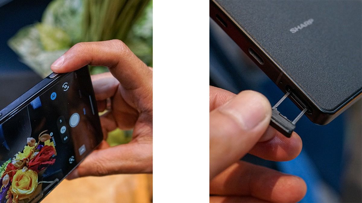 Tombol shutter (kiri), laci kartu SIM yang dapat dicopot dengan tangan (kanan).