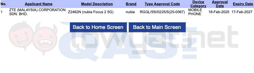 Nubia Focus 2 di SIRIM Malaysia