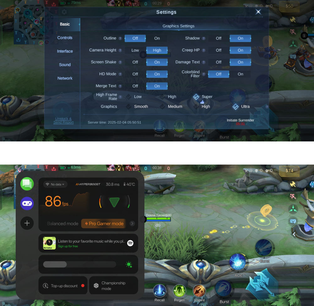 Pengaturan grafis mentok kanan (atas), frame rate yang diraih (bawah)