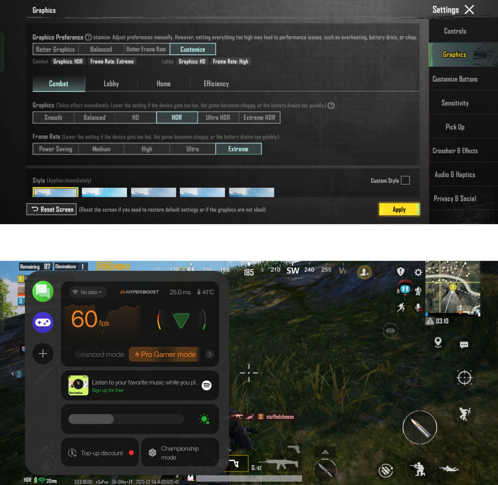 Pengaturan grafis PUBG Mobile mentok kanan (atas), besaran frame rate yang diraih (bawah).