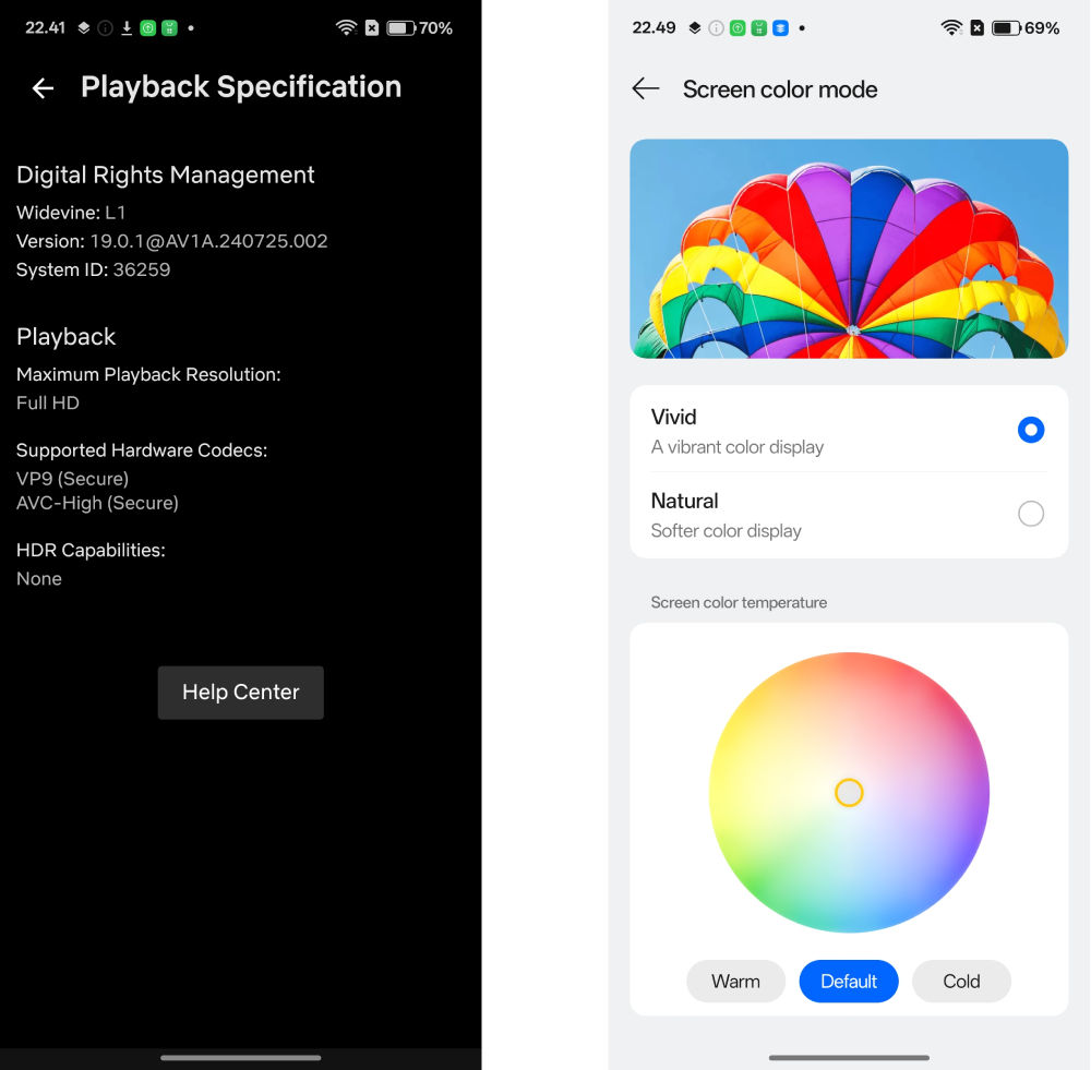 Playback specification di Netflix (kiri) dan pengaturan mode warna (kanan).