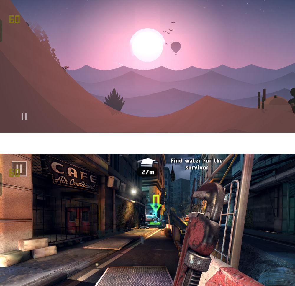 Tangkapan layar gameplay Alto's Odyssey (atas) dan Dead Trigger 2 (bawah). Keduanya menampilkan refresh rate standar 60 Hz.