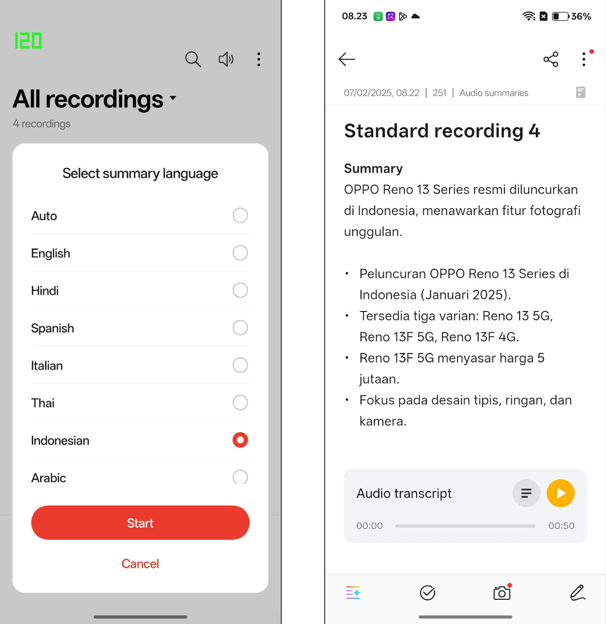 Bahasa-bahasa yang didukung Recording Summary (kiri), hasil generate rangkuman dari rekaman suara (kanan).