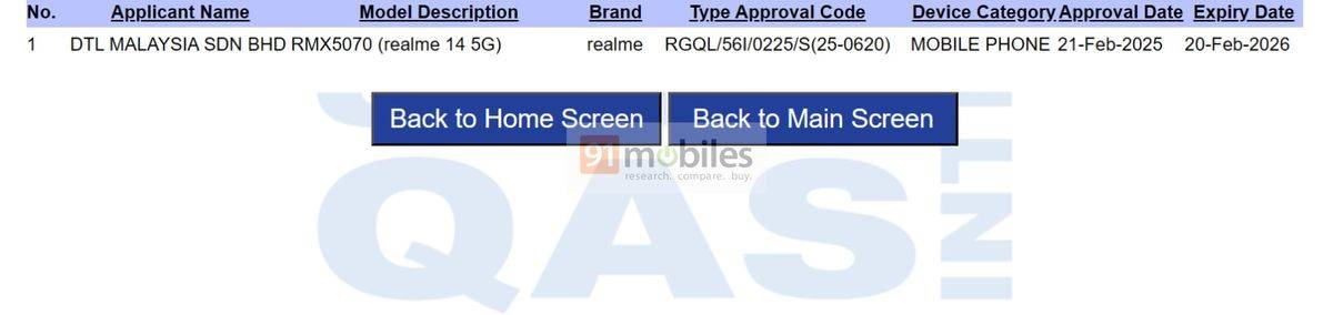 Realme 14 5G muncul di platform sertifikasi SIRIM Malaysia.