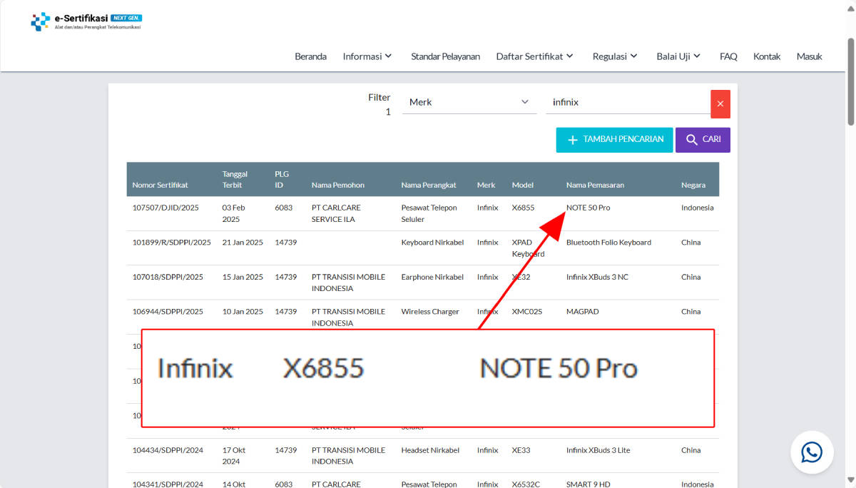 Infinix Note 50 Pro muncul di basis data SDPPI Postel.