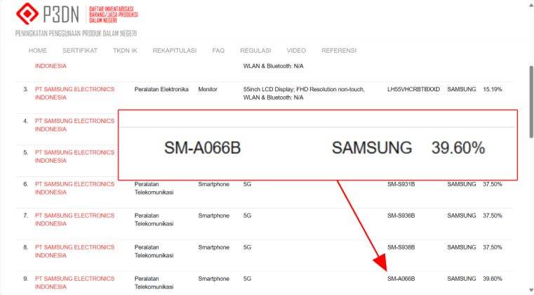 Galaxy A06 5G di situs TKDN Komdigi.