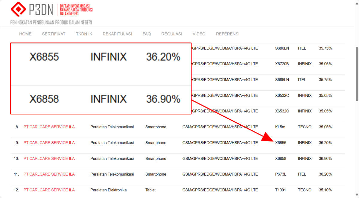 Penayangan Infinix Note 50 dan Note 50 Pro di basis data TKDN.