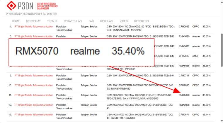 Realme P3 juga muncul pada basis data TKDN Komdigi.