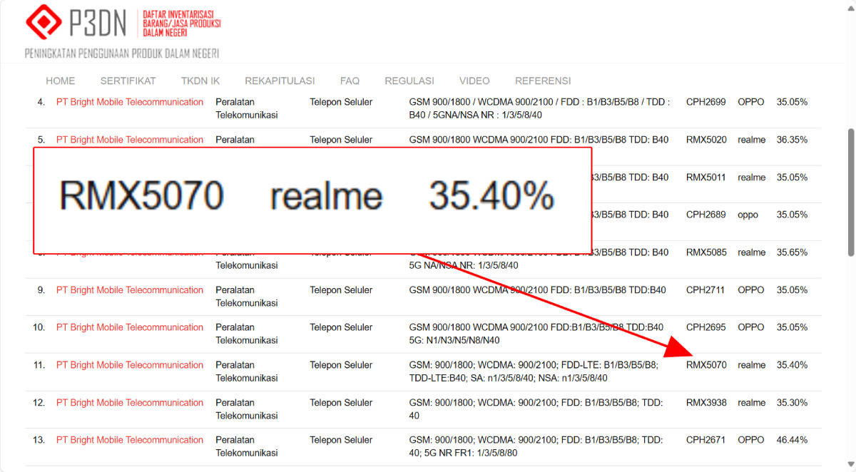 Realme P3 juga muncul pada basis data TKDN Komdigi.