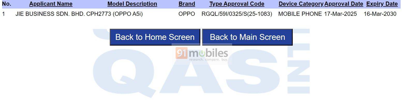Oppo A5i muncul di platform sertifikasi SIRIM