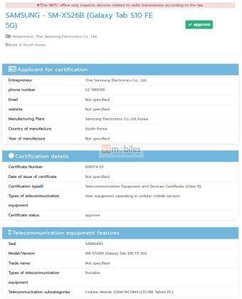 Galaxy Tab S10 FE (SM-X526B) terdaftar di basis data NBTC.