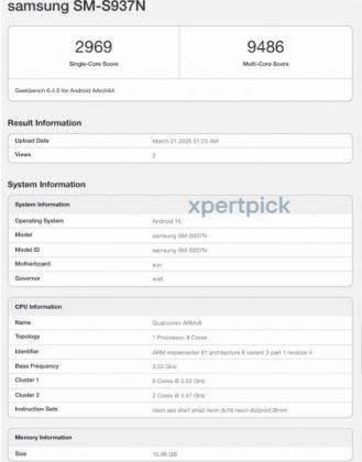 Galaxy S25 Edge (SM-S937N) muncul di Geekbench. Sumber: Xpertpick via GSM Arena.