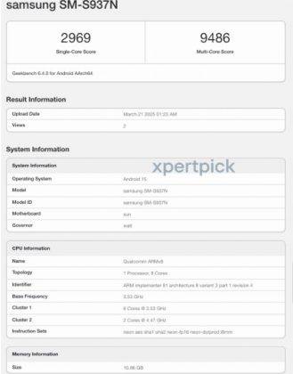 Galaxy S25 Edge (SM-S937N) muncul di Geekbench. Sumber: Xpertpick via GSM Arena.