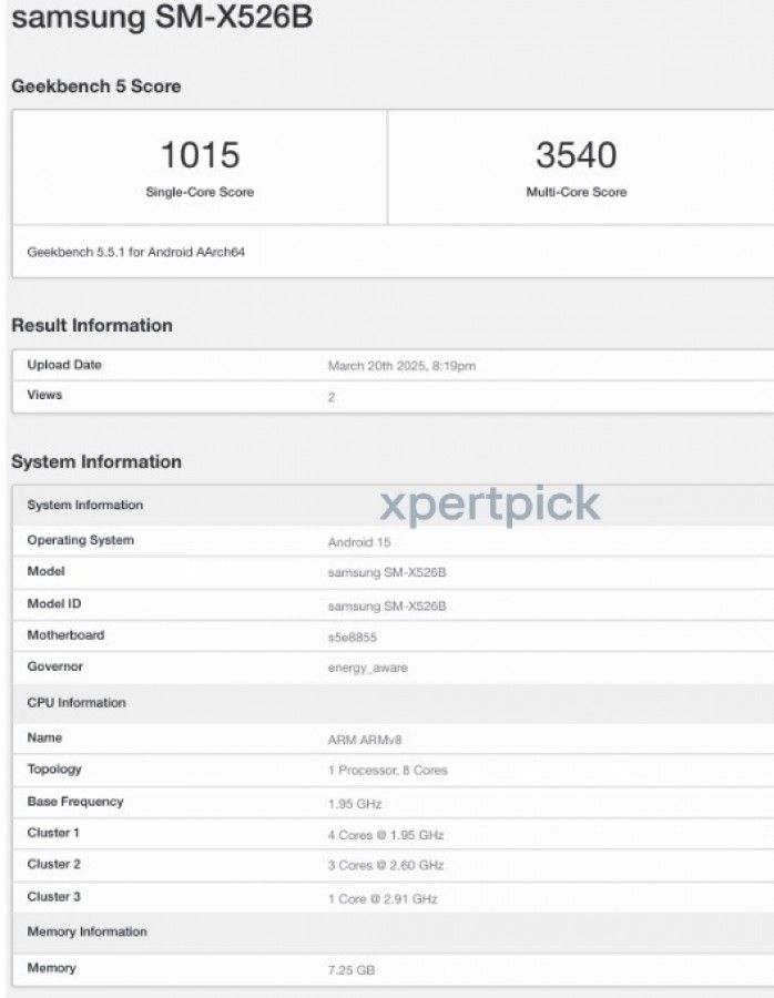 Galaxy Tab S10 FE (SM-X526B) muncul di Geekbench. Sumber: Xpertpick via GSM Arena.