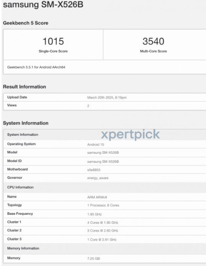 Galaxy Tab S10 FE (SM-X526B) muncul di Geekbench. Sumber: Xpertpick via GSM Arena.