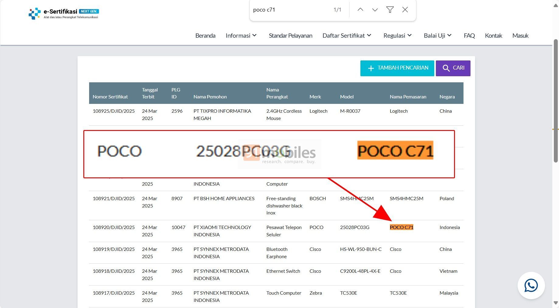 Poco C71 terdaftar di laman SDPPI Postel.