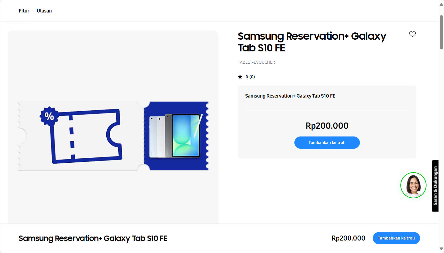 Laman Samsung Reservation+ untuk membeli e-Voucher Galaxy Tab S10 FE.